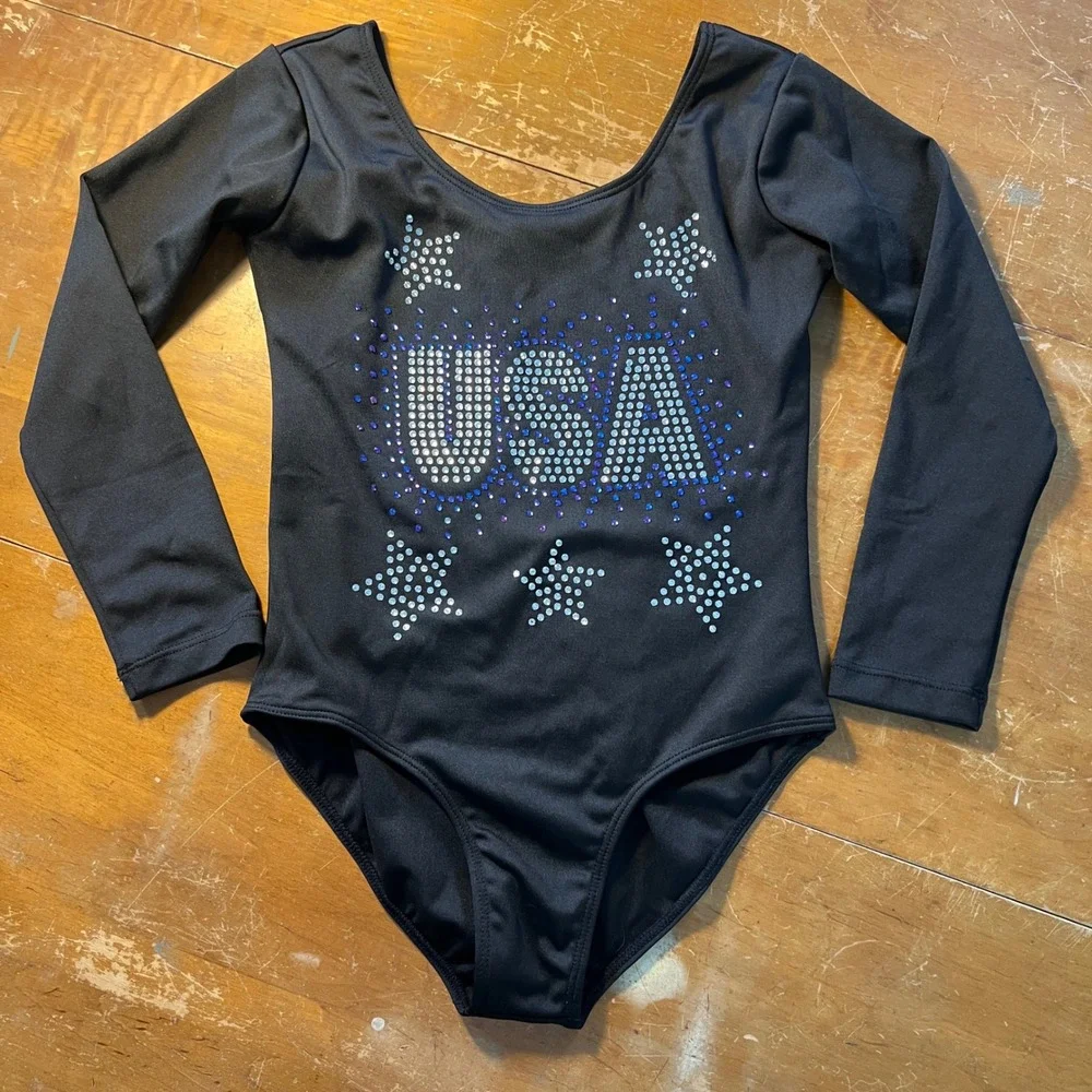 AK Leotard XS Girls USA Rhinestone Long Sleeve Black Star Patriotic Bling